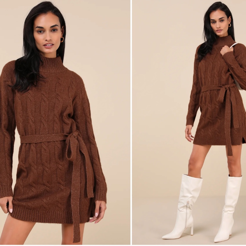 Lulus brown cable knit mock neck sweater dress